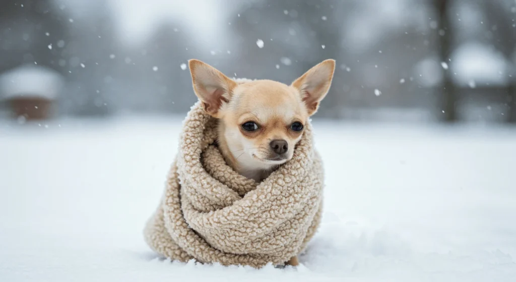 Chihuahua shivering in cold weather wearing a cozy sweater