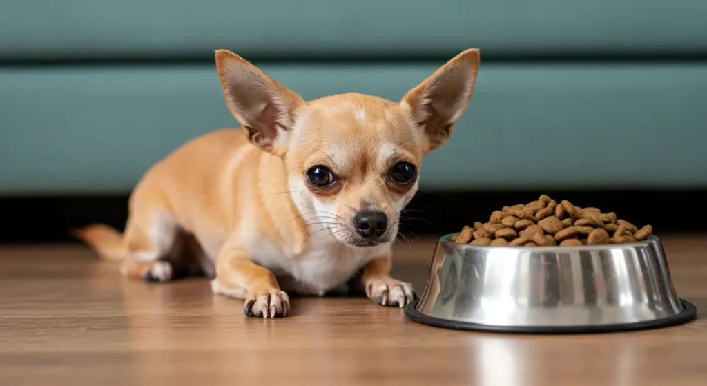 Chihuahua showing symptoms of low blood sugar, resting near food